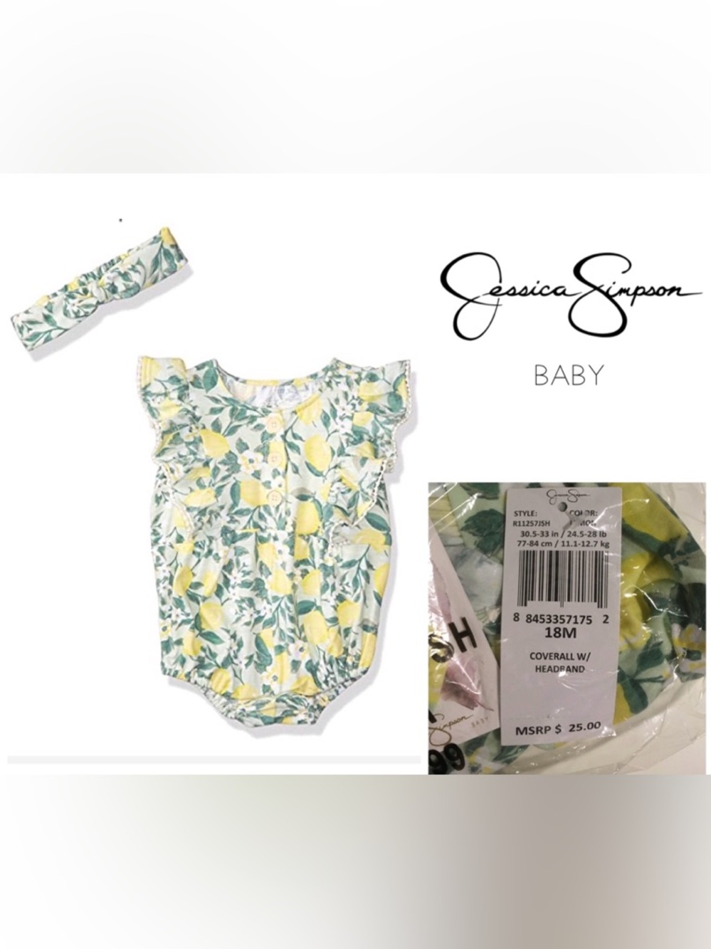🆕JESSICA SIMPSON BABY - 18M - NWT - 2PC YELLOW LEMON ROMPER AND HEADBAND